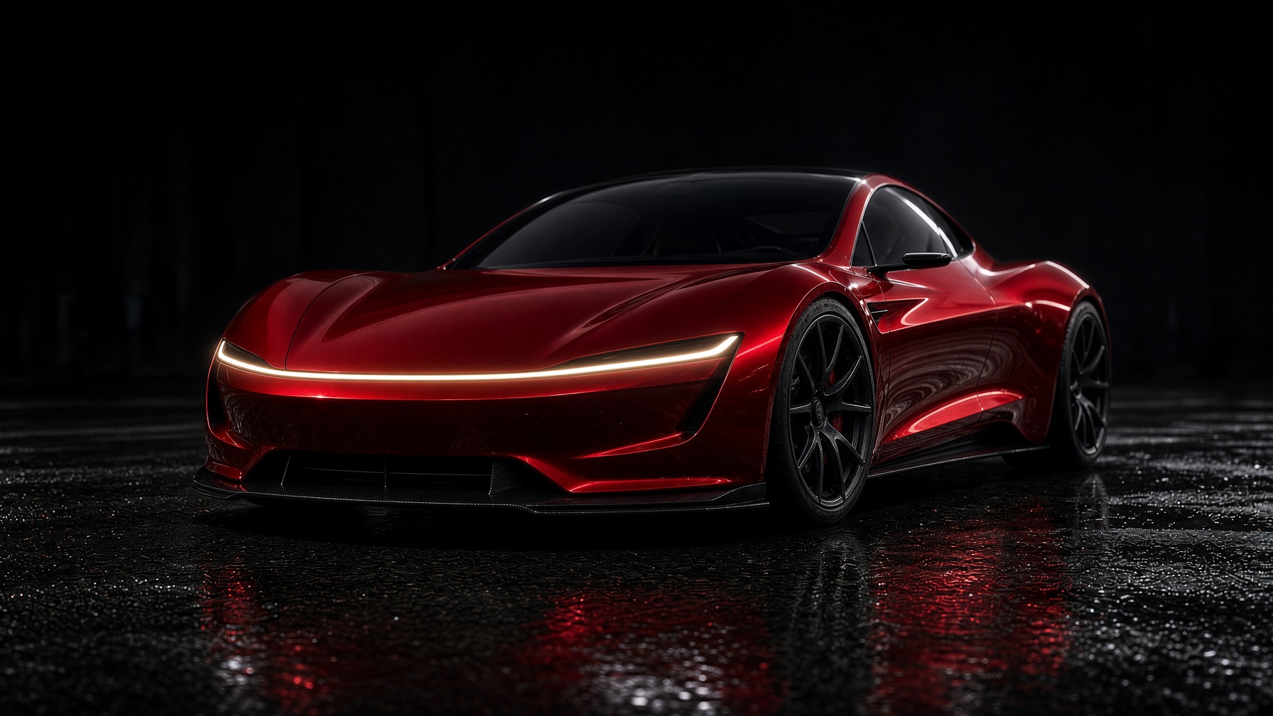 Cherry-red electric hypercar on wet asphalt at night
