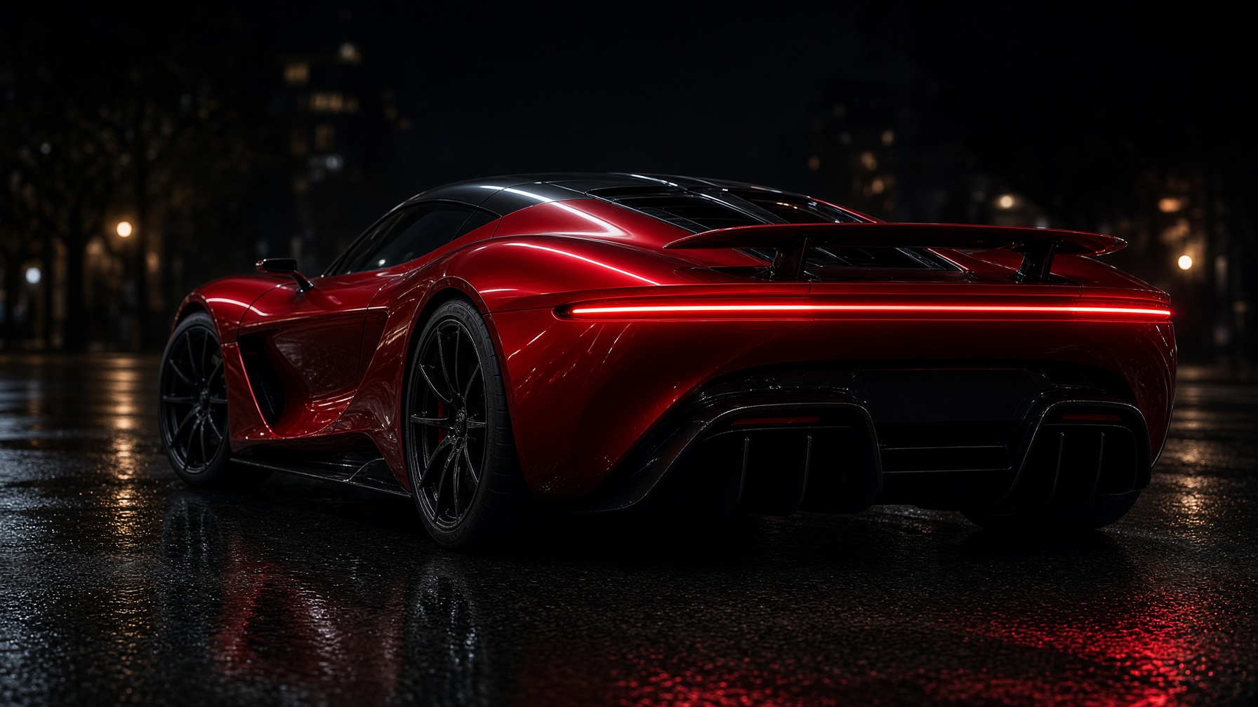 Rear three-quarter of the cherry-red hypercar with a full-width light bar
