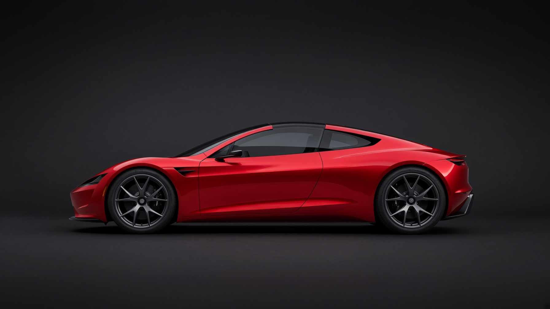 Side profile of the cherry-red Roadster, with room for a real logo